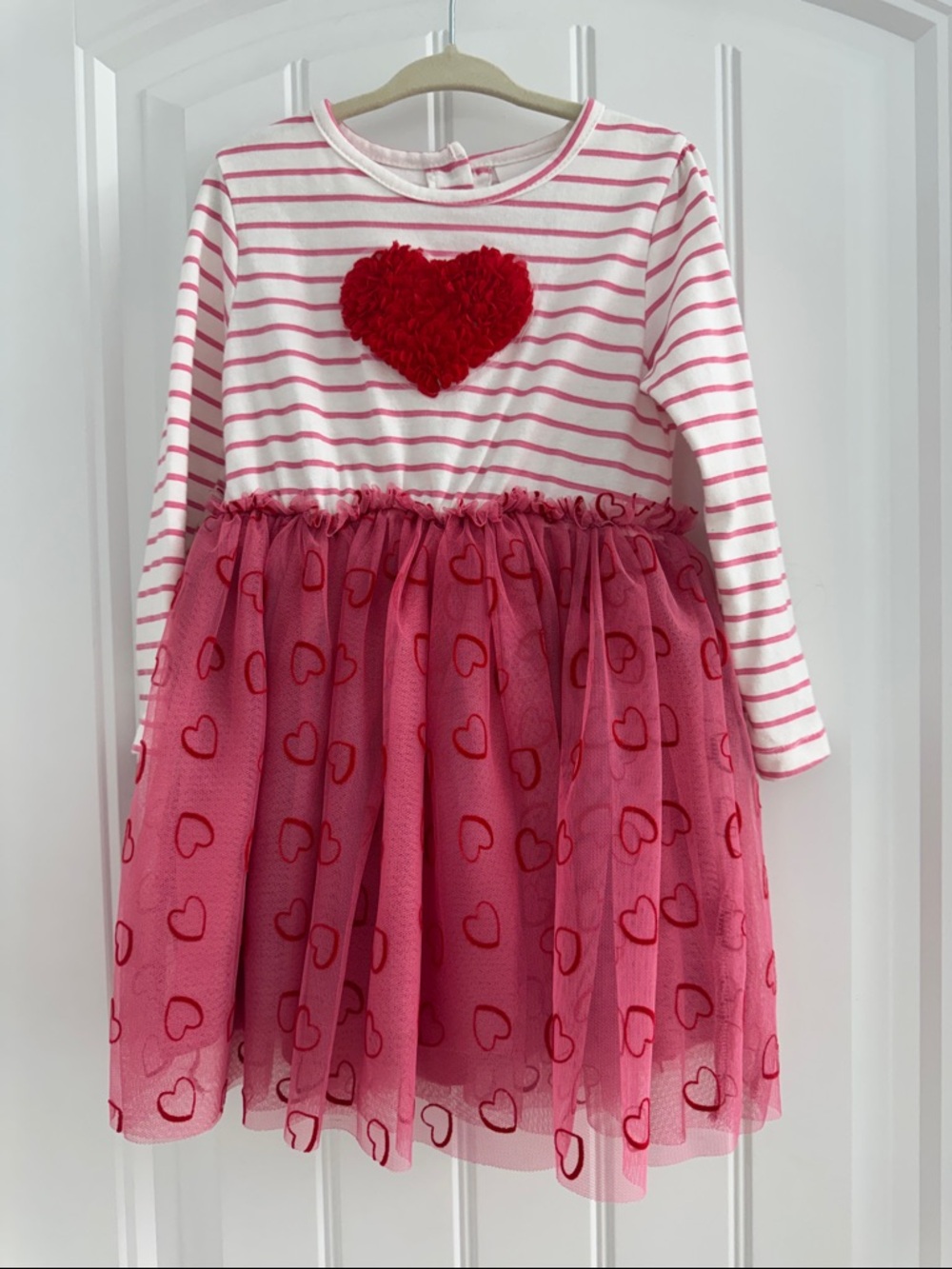 Little Lass Pink Striped Heart Tulle Dress with Red Heart